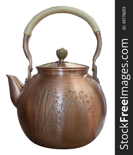 Brass pot with bamboo carving isolate on white