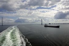 Sprogo Bridge, Cruise Ships Wake & Cargo Ship Royalty Free Stock Image Sprogo Bridge, Cruise Ships Wake & Cargo Ship Royalty Free Stock Image