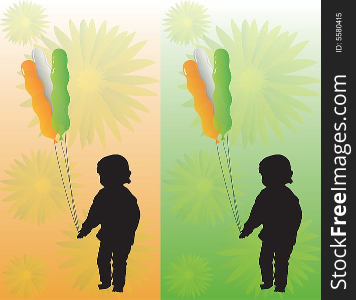 Kid with tricolor balloons on two backgrounds