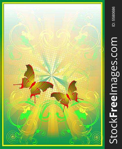 Floral ornament and butterflies on green background