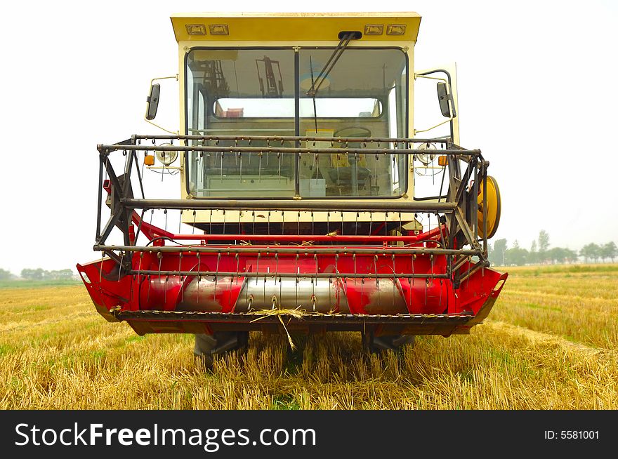 Combine harvester in wheat field in harvest season