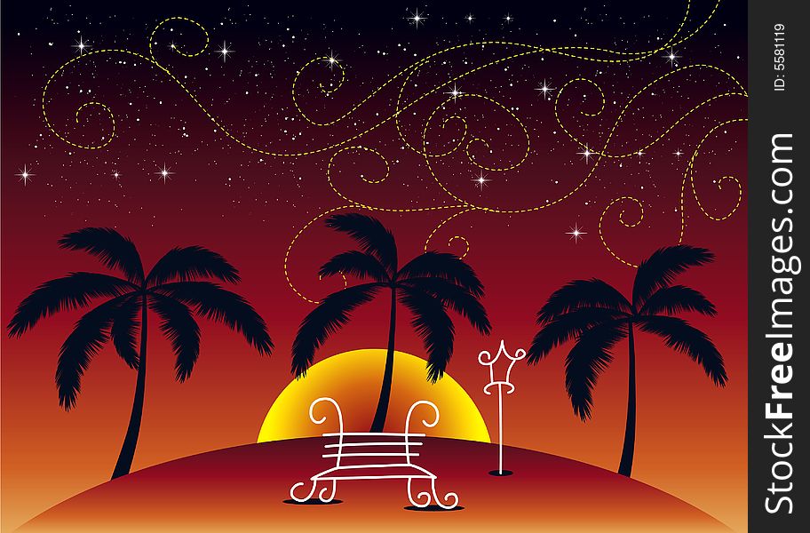 Illustration with palm trees & summer night