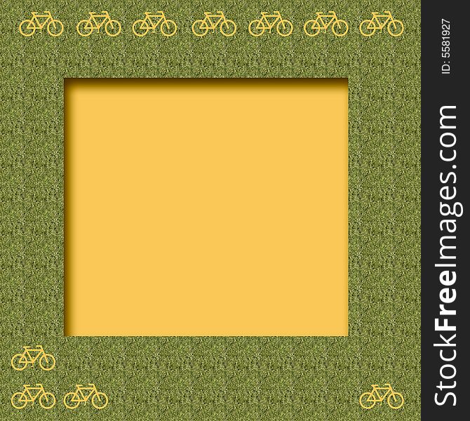 Yellow bicycles on textured scrapbook frame cutout center. Yellow bicycles on textured scrapbook frame cutout center