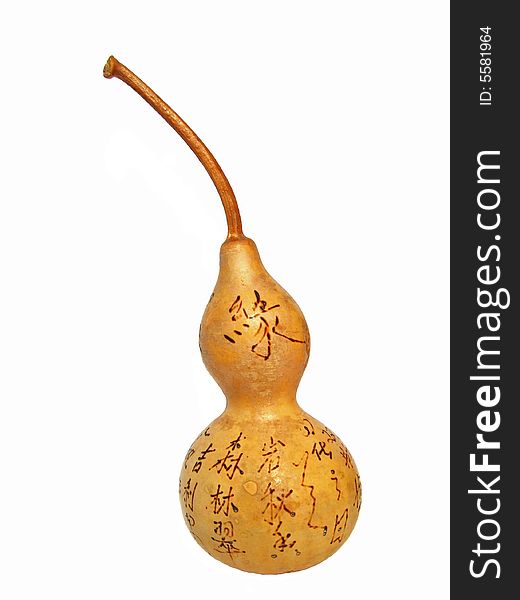 Bottle gourd with chinese characters on it.