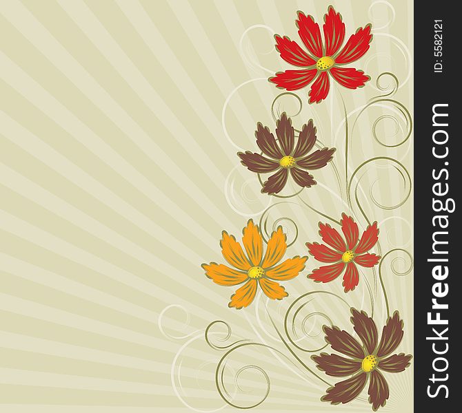Background with abstract orange, red, brown flowers and gold branches. Background with abstract orange, red, brown flowers and gold branches