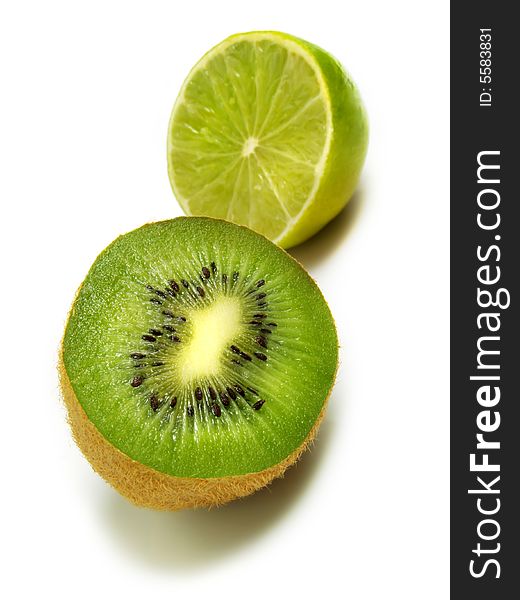 Half fresh kiwi and lime isolated on white background. Half fresh kiwi and lime isolated on white background