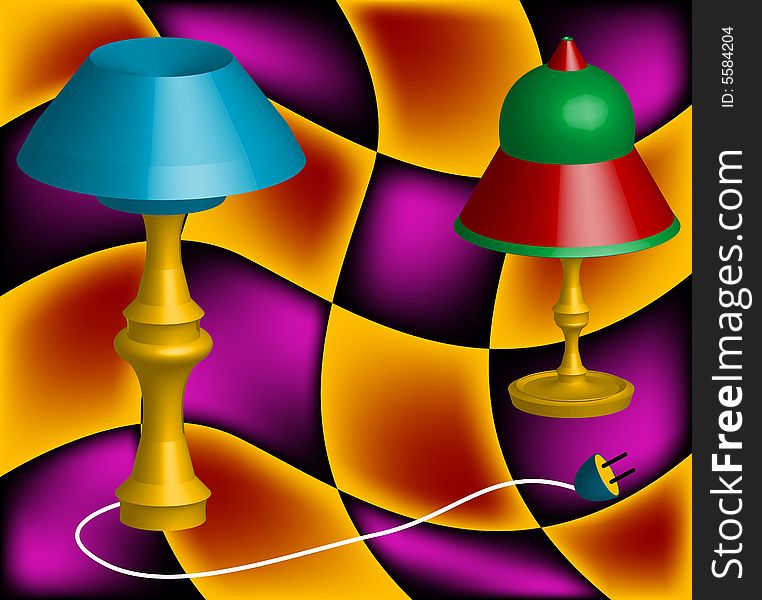 Abstract illustration with two bedroom lamps on colored background with distorted squares. Abstract illustration with two bedroom lamps on colored background with distorted squares