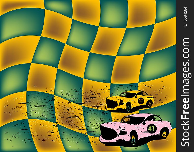 Abstract background with distorted squares and two colored racing cars. Abstract background with distorted squares and two colored racing cars