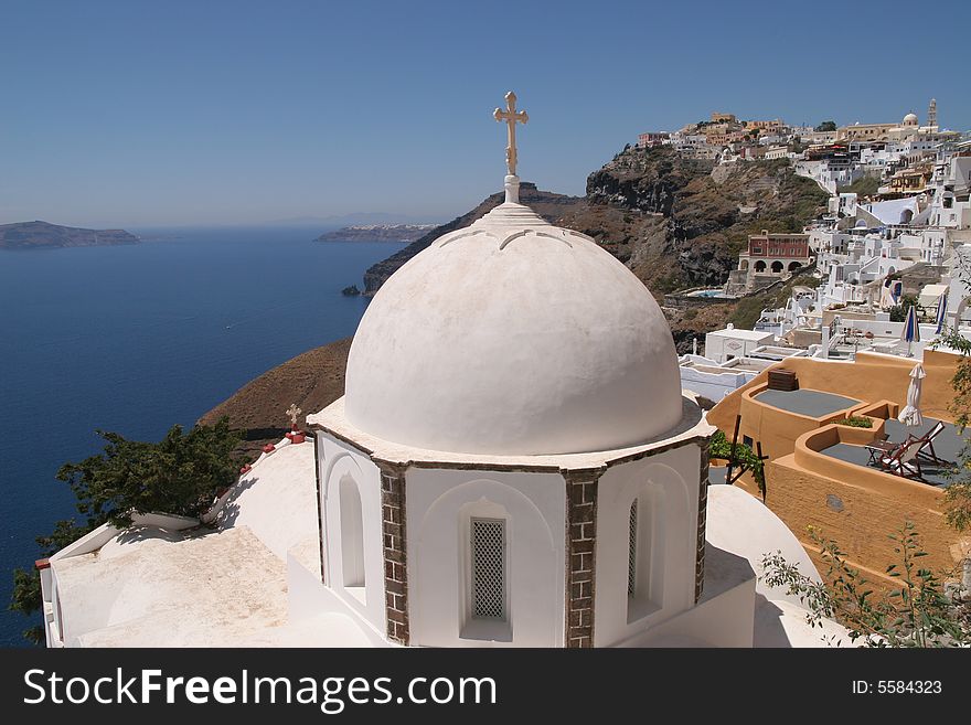 Greek church overlooking the bay of Santorini, Greece. Greek church overlooking the bay of Santorini, Greece