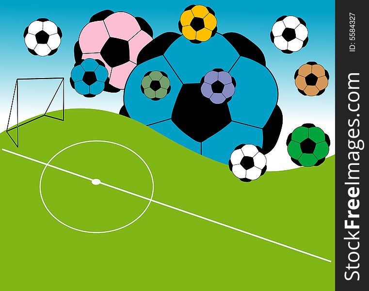Abstract colored illustration with football field and many colored balls. Abstract colored illustration with football field and many colored balls