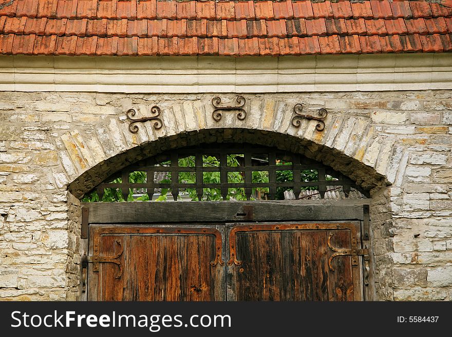 Old wooden gate in a court yard of the old city of Kamenets Podolsk Ukraine