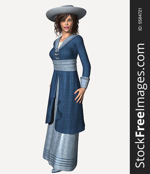 Lovely lady in typical Edwardian era travel attire.  3 dimensional models, computer generated image. Lovely lady in typical Edwardian era travel attire.  3 dimensional models, computer generated image