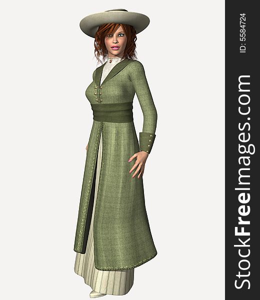 Lovely lady in typical Edwardian era travel attire.  3 dimensional models, computer generated image. Lovely lady in typical Edwardian era travel attire.  3 dimensional models, computer generated image