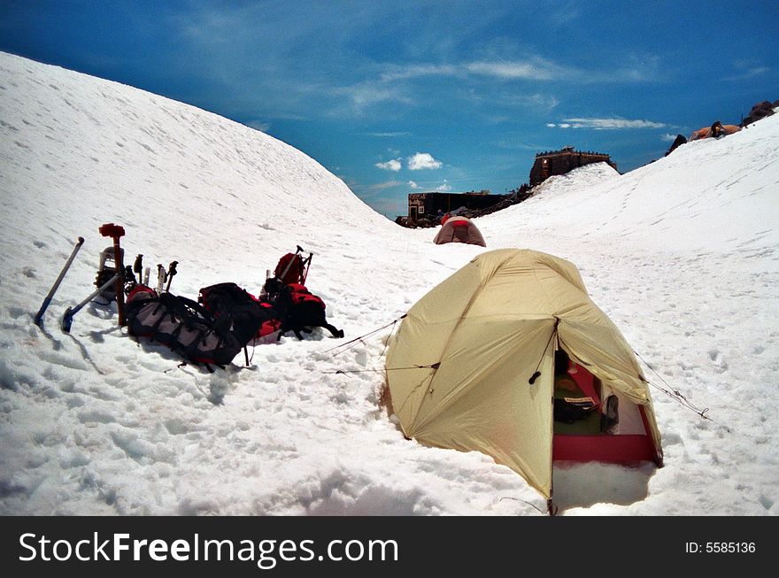 A tent set up high on Mount Rainier at Camp Muir. A tent set up high on Mount Rainier at Camp Muir