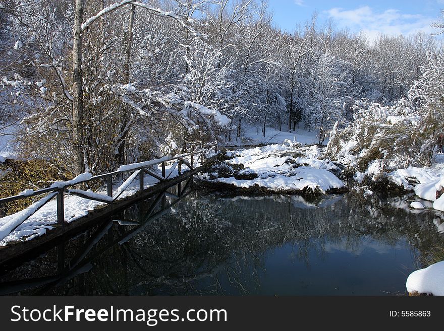Winter in a Cantabrigian forest with a bridge across river Ebro