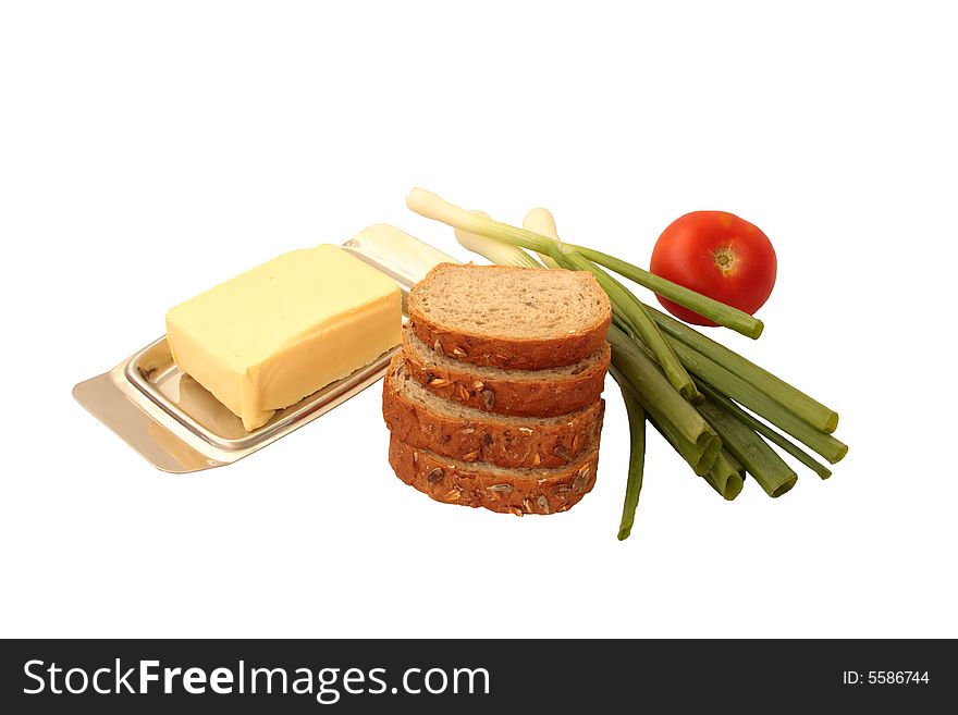 Natural form foods, tomato, butter, onion, bread. Natural form foods, tomato, butter, onion, bread