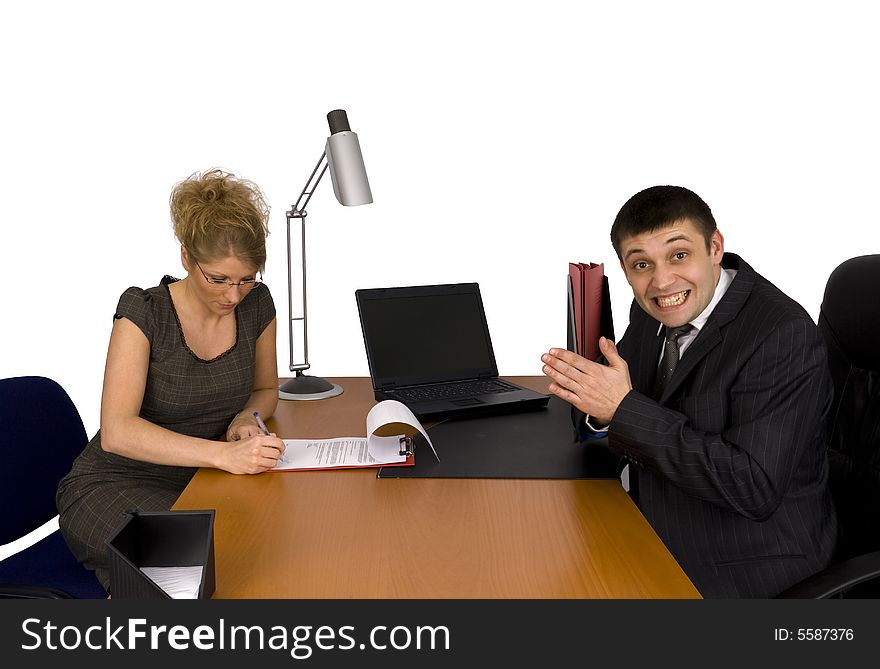 Businesswoman and businessman in office. Businesswoman and businessman in office.