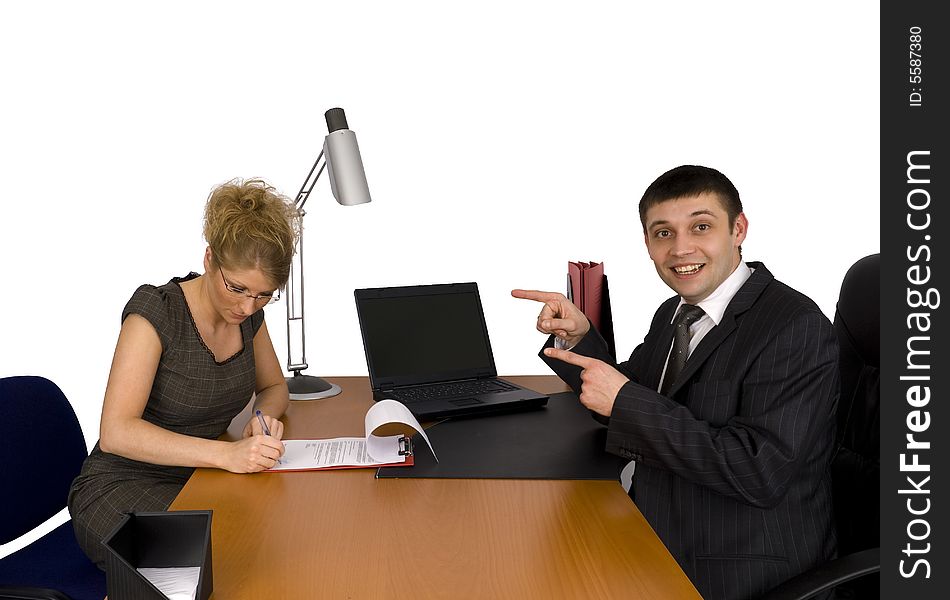 Businesswoman and businessman in office. Businesswoman and businessman in office.