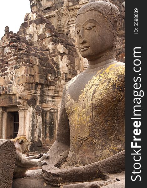 A monkey seems to pray in front of the buddha in the lopburi's khmer temple in thailand. A monkey seems to pray in front of the buddha in the lopburi's khmer temple in thailand.