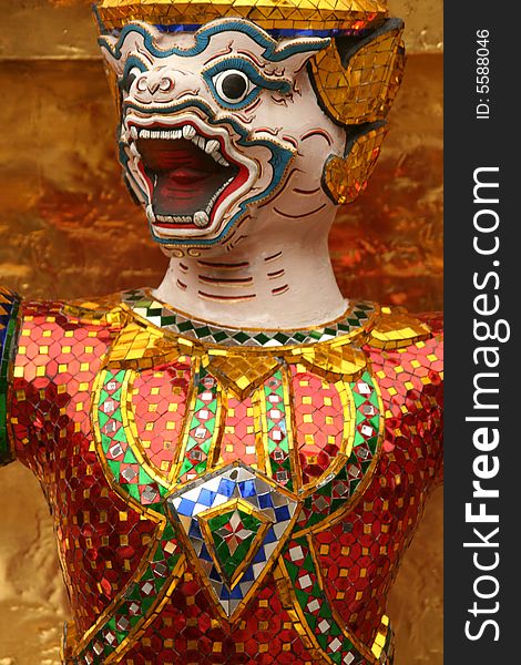 Detail of a Ramakien' statue at Wat Phra Sri Rattana Satsadaram, known as Wat Phra Kaew, The Temple of the Emerald Buddha in Bangkok, Thailand, Asia.