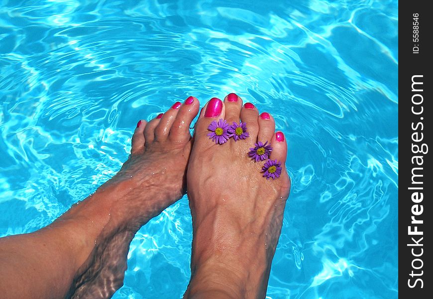 Pedicured toe nails with wildflowers in a swimming pool. Pedicured toe nails with wildflowers in a swimming pool.