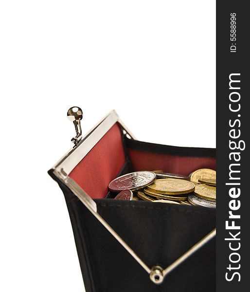 Purse and coins on a white background