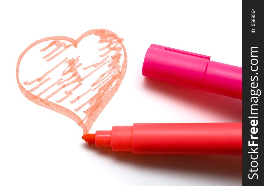 Red highlighter pens drawing heart. Red highlighter pens drawing heart