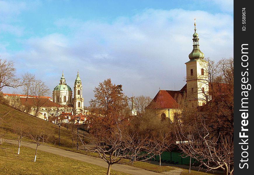 Petrin Park in Prague with a view at the Church of Saint Nicholas