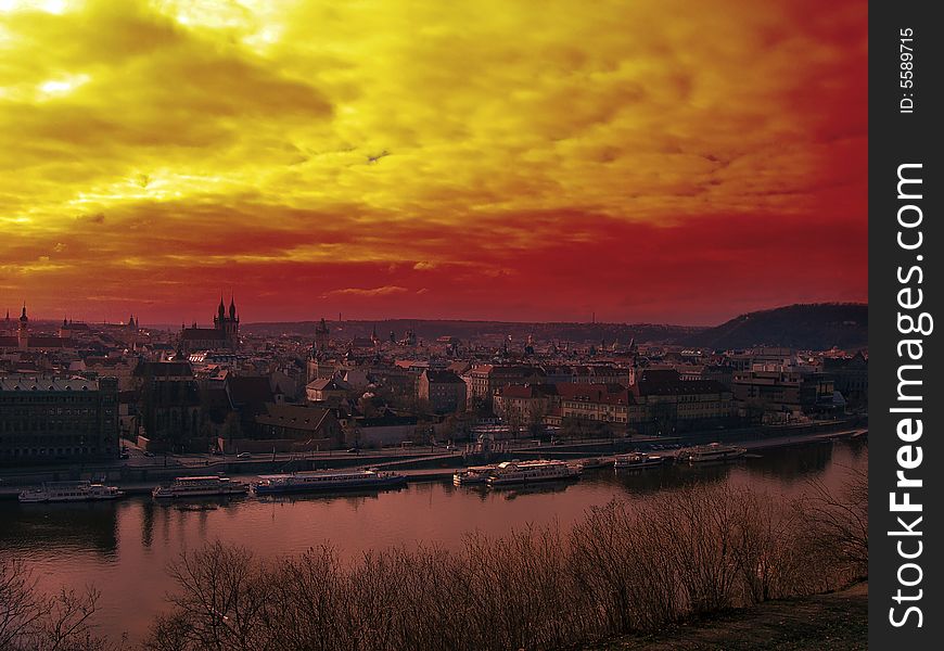 Beautiful sunset over river Vltava in Czech capital city Prague. Beautiful sunset over river Vltava in Czech capital city Prague