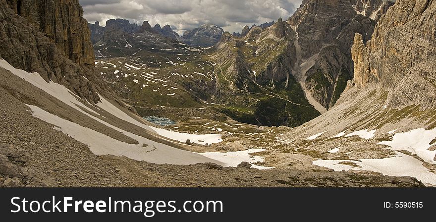 Panoramic view of the area of Tre Cimes in Italy, dolomites and one of the tracks around. Panoramic view of the area of Tre Cimes in Italy, dolomites and one of the tracks around.