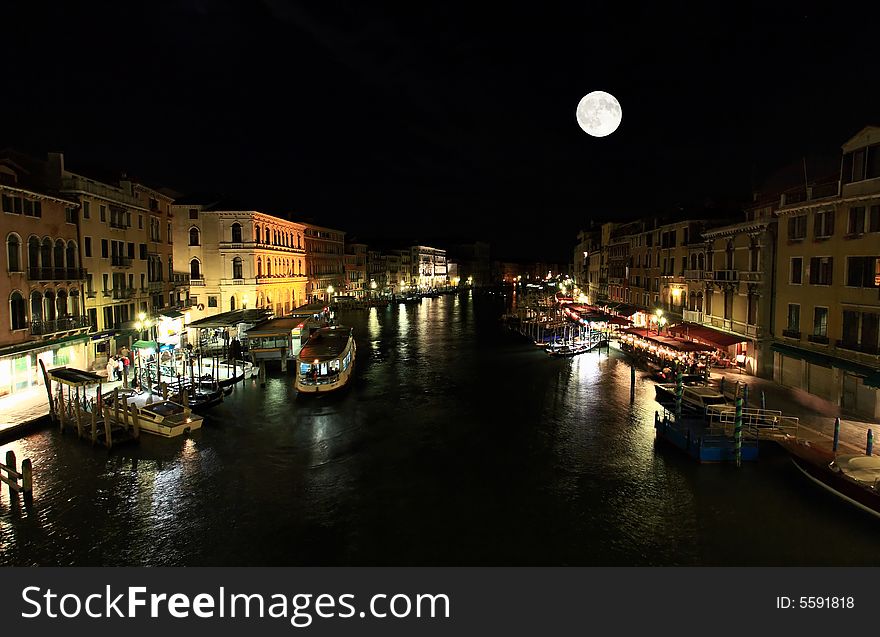 The scenery along the Grand Canal in Venice Italy at night