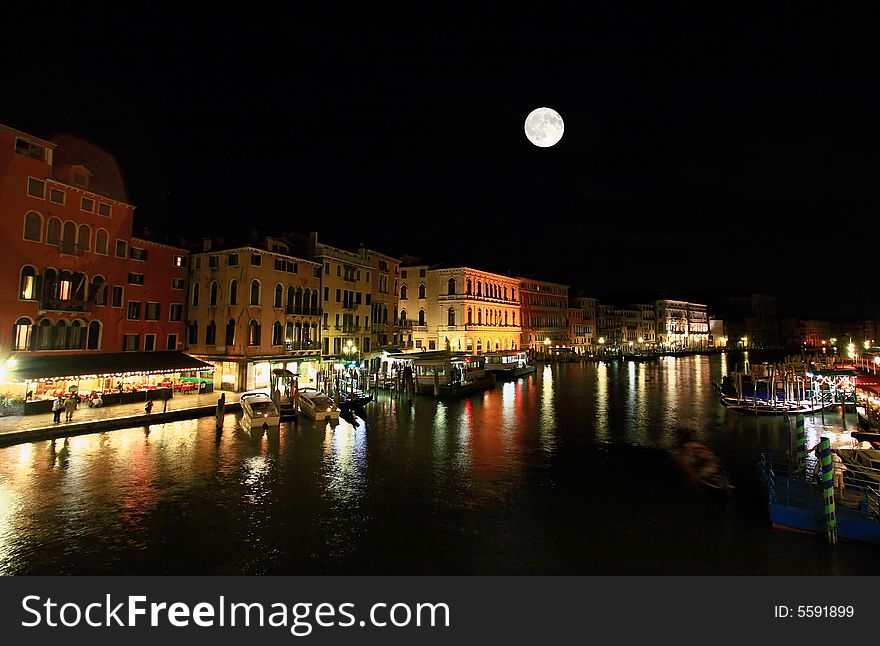 The scenery along the Grand Canal in Venice Italy at night