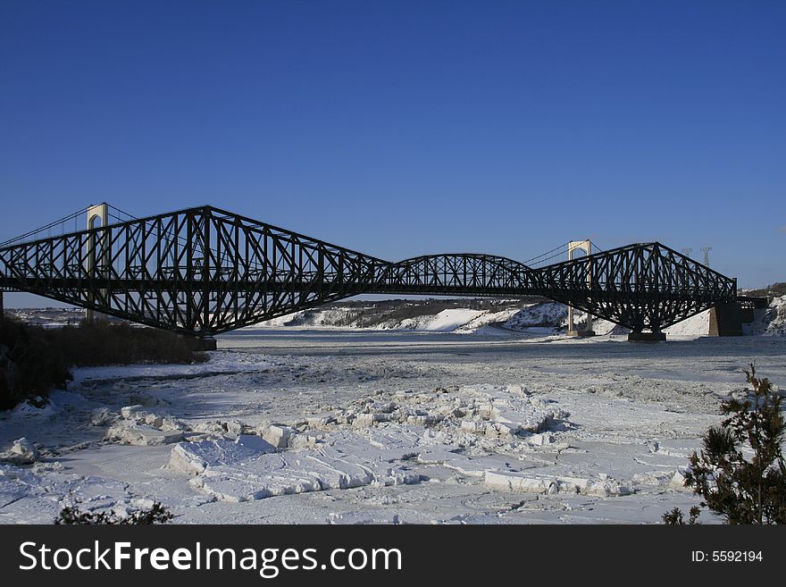 Above the Saint Lawrence brige in winter. Above the Saint Lawrence brige in winter