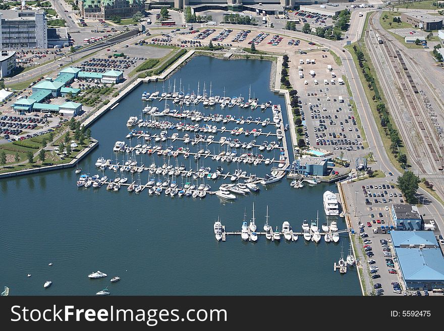 Boats in the port at the saint lawrence river