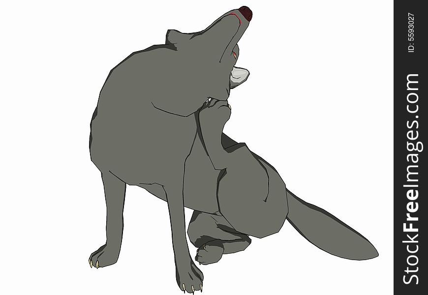 Cute cartoon style wolf scratching ear, 3 dimensional model, computer generated image, render.