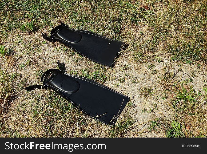 Pair of black swimfins and red mattrass on green grass