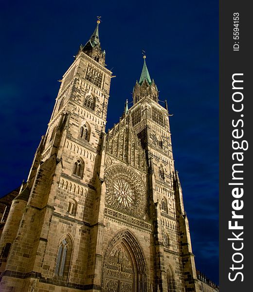 Night view of St Lawrence Church(Lorenzkirche) in Nuremburg, Germany