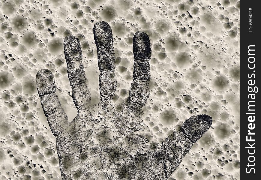 An abstract 3d render of an imprint of a hand in a desrt/lunar landscape. An abstract 3d render of an imprint of a hand in a desrt/lunar landscape