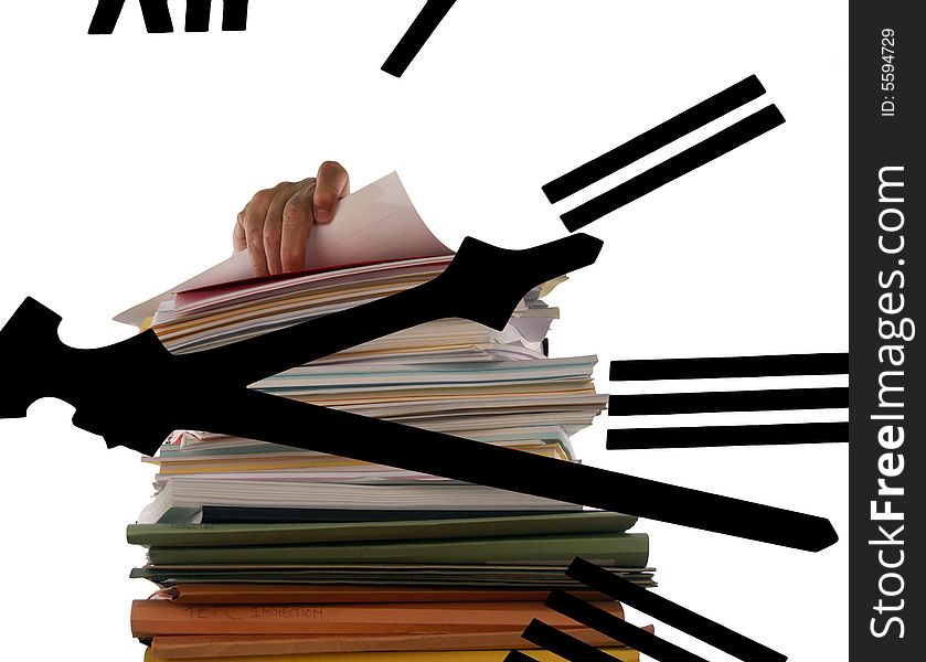 Pile of paperwork overlaid with clock face. Pile of paperwork overlaid with clock face.