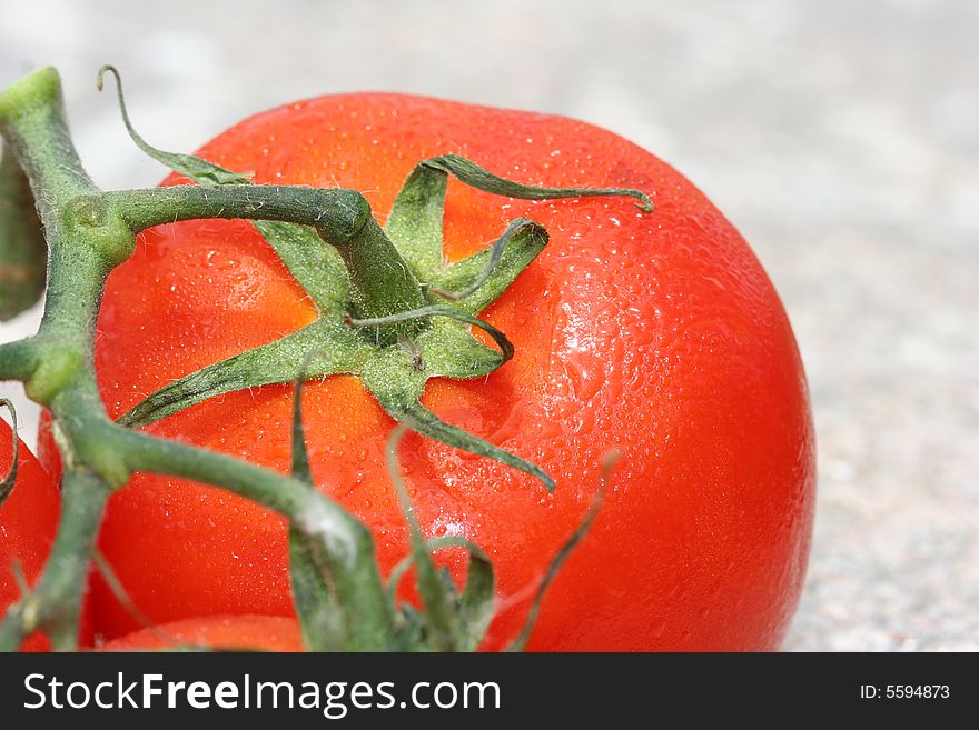 Tomatoes on a vine set on a rock