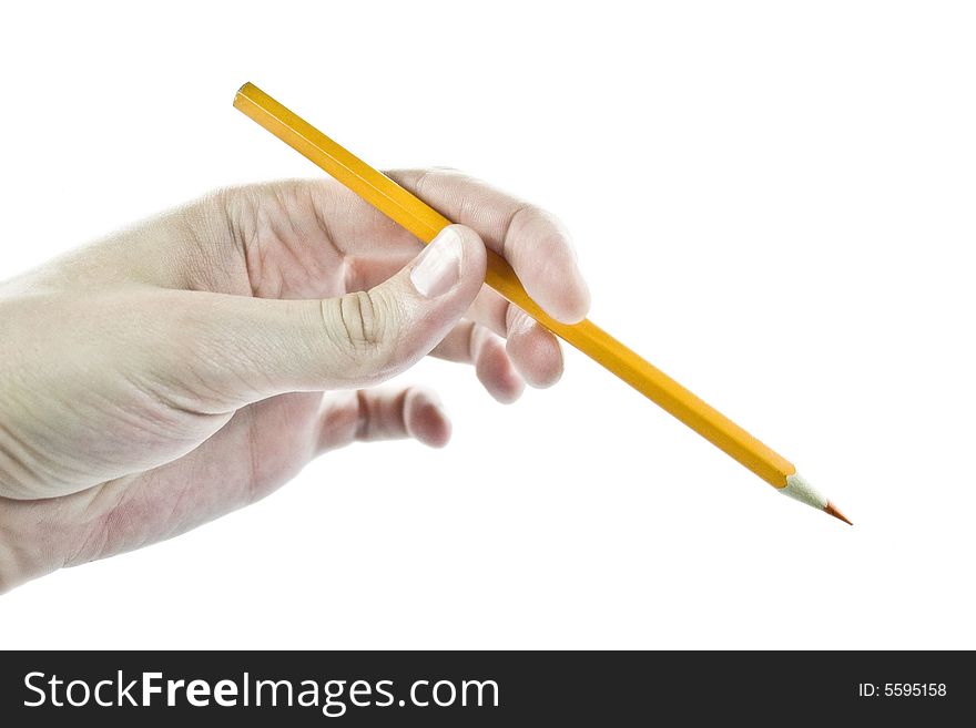 Hand with a pencil on a white background. Hand with a pencil on a white background
