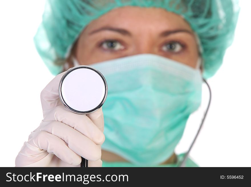 Healthcare worker with stethoscope on white background