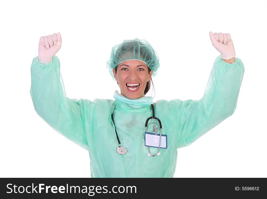 Details an successful healthcare worker on white background