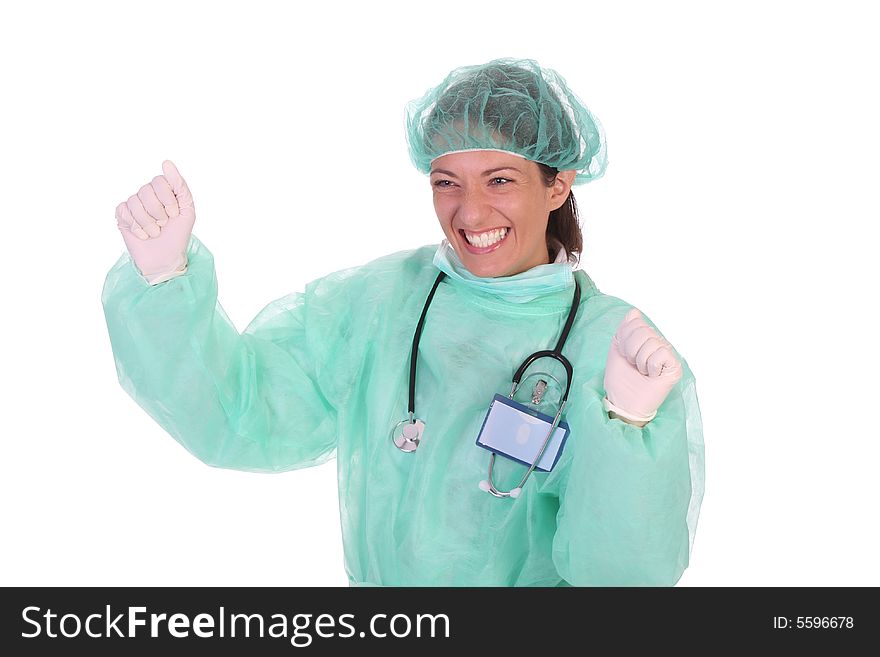 Details an successful healthcare worker on white background