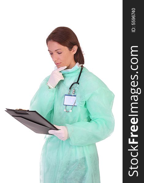 Healthcare worker with documents on white background