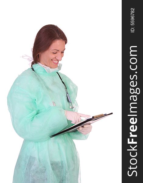 Healthcare worker with documents on white background