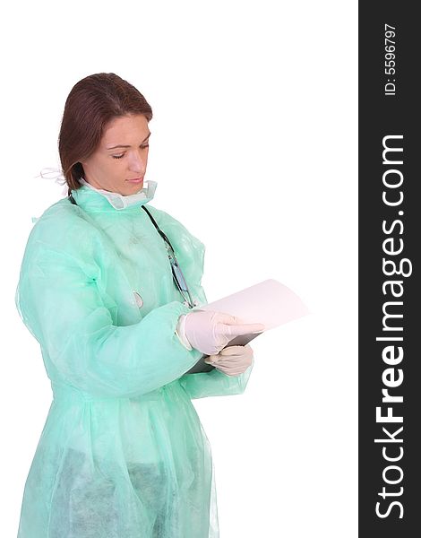 Healthcare worker with documents on white background