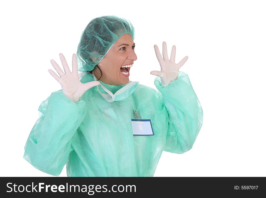 Shouting shocked healthcare worker on white background