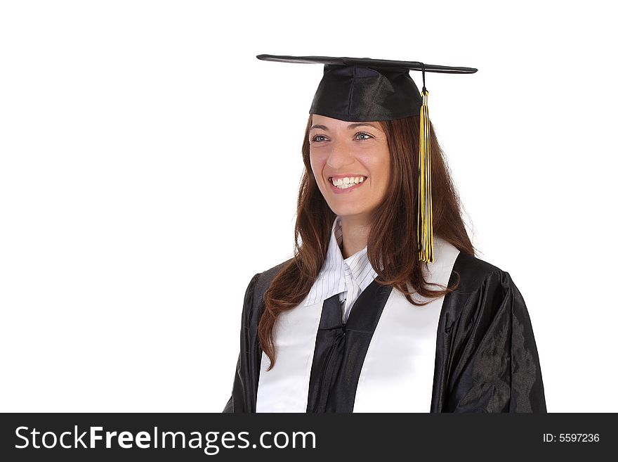 Happy graduation a young woman on white background