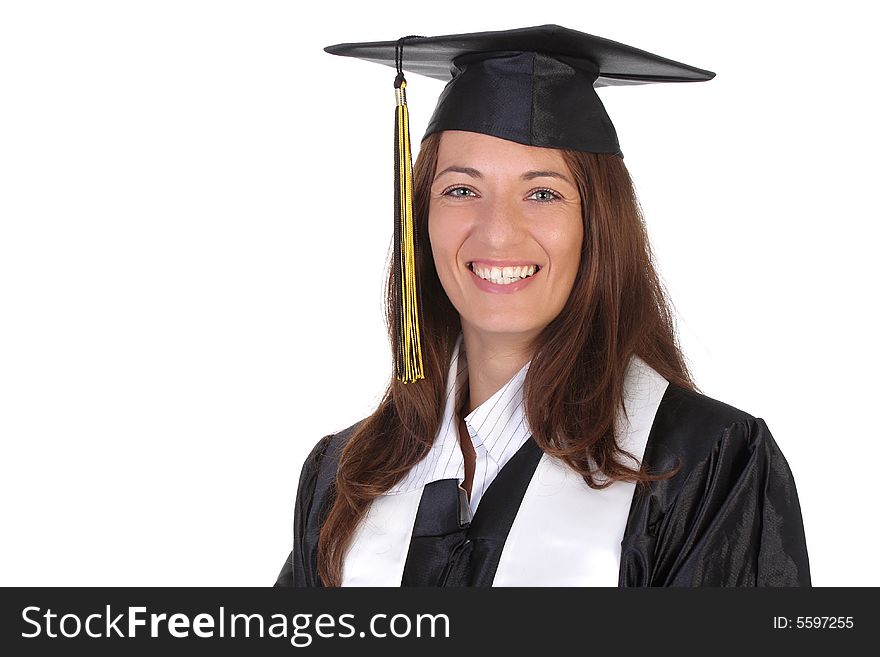 Happy graduation a young woman on white background